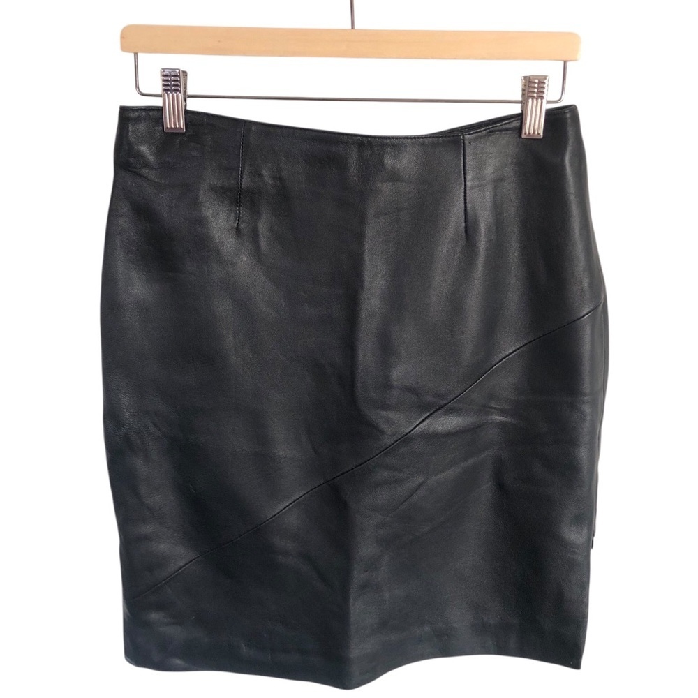 VINTAGE 90s Wilsons Leather Pelle Studio Black Leather Knee Length Skirt 8 Slits